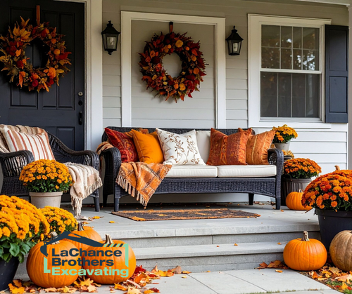 a front porch decorated for fall with pumpkins 